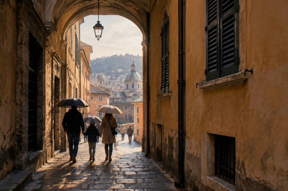 A family with umbrellas walking through a narrow covered stone alley in the old town of Genoa