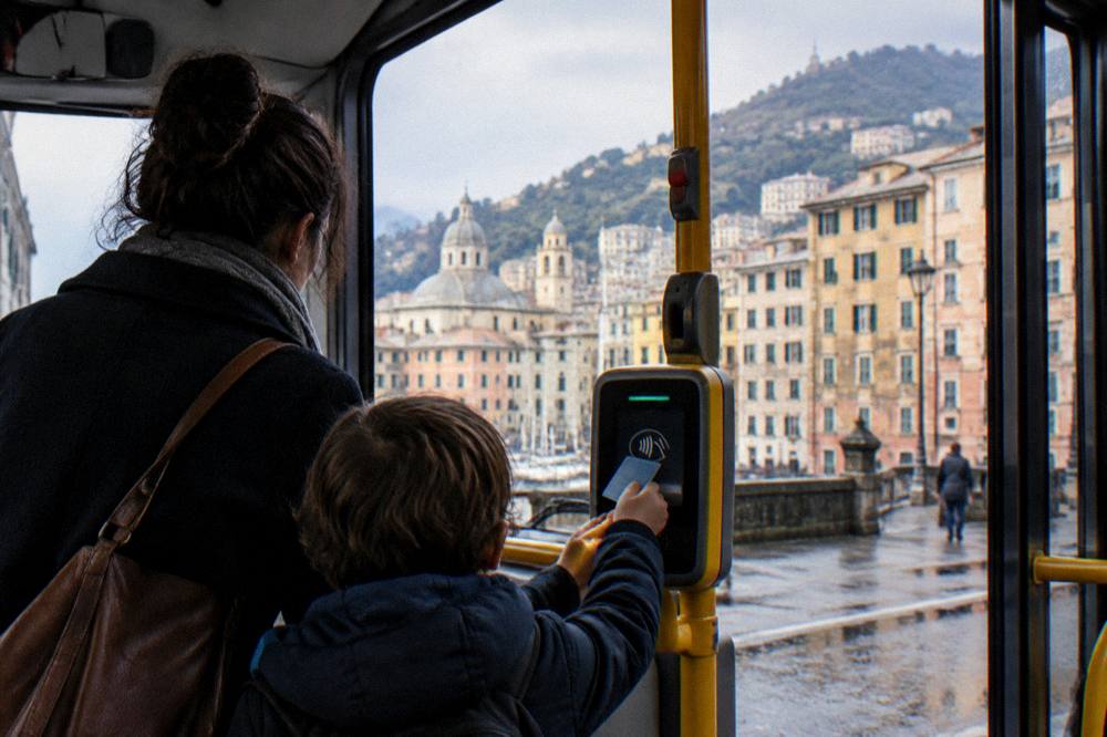 Parent and child tapping a contactless card on a bus validator in Genoa