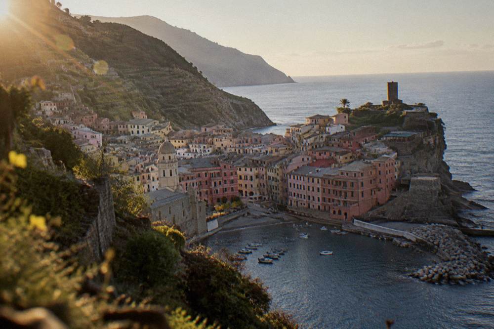 Terraced vineyards on steep slopes descending toward a blue sea