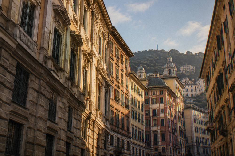 The facades of Renaissance palaces along a Strada Nuove street in Genoa