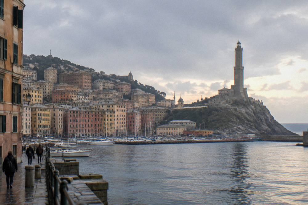 The harbour front of Genoa with the Lanterna lighthouse in the distance