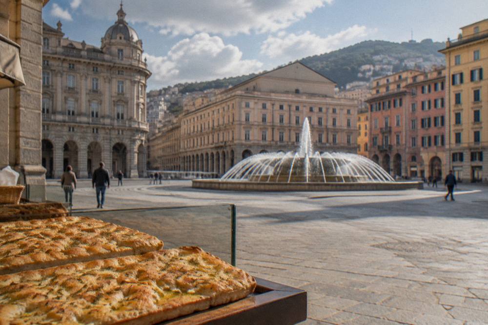 Freshly baked focaccia with olive oil on a bakery counter