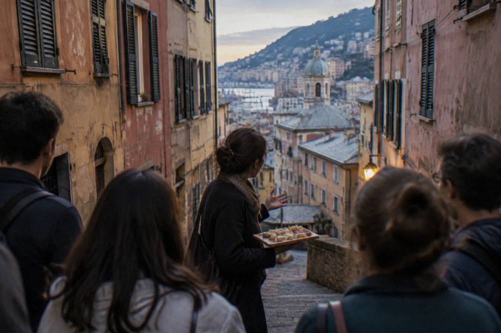 A guide speaking to a small group holding food samples in a narrow Genoa alley with tall coloured buildings