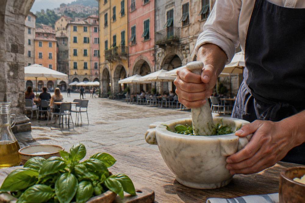 A cook crushing basil leaves with a pestle in a white marble mortar on a wooden table