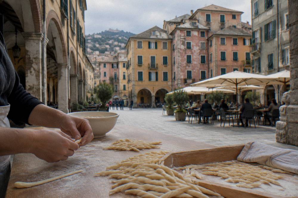 Hands twisting small pieces of pasta dough into trofie shapes on a floured work surface