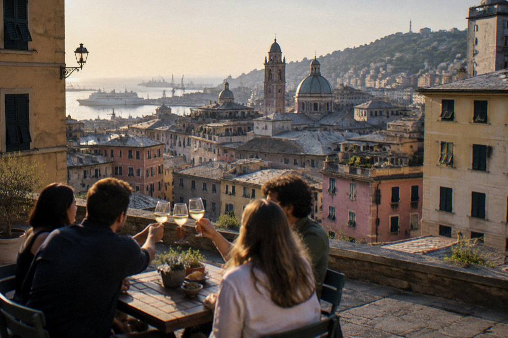 A small group raising glasses of white wine at an outdoor table in a Genoa square at dusk
