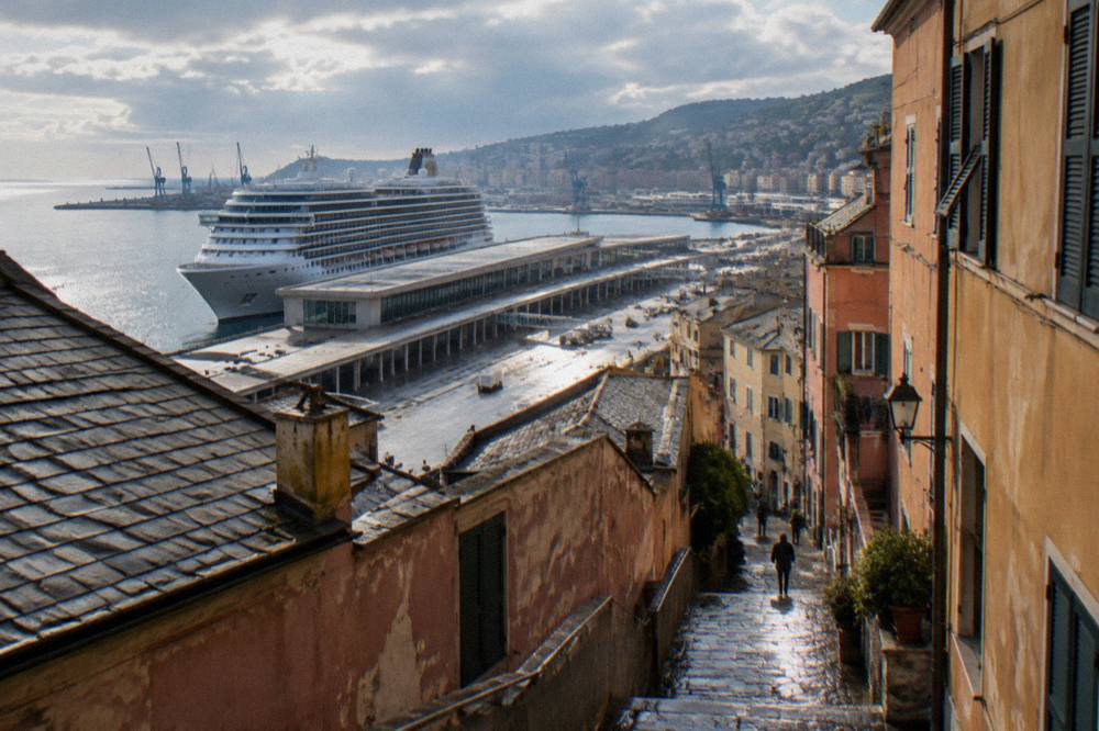Wet cobbled alley in an old Italian port town with reflections on the stones