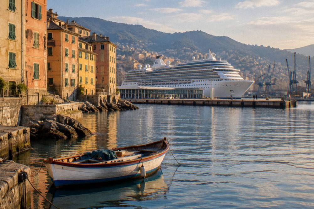 Wooden fishing boat moored in a small Mediterranean cove at golden hour