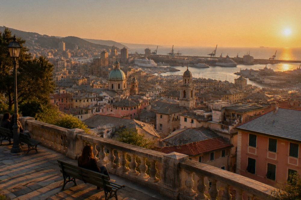 The terrace at Spianata Castelletto overlooking the rooftops of Genoa and the harbour