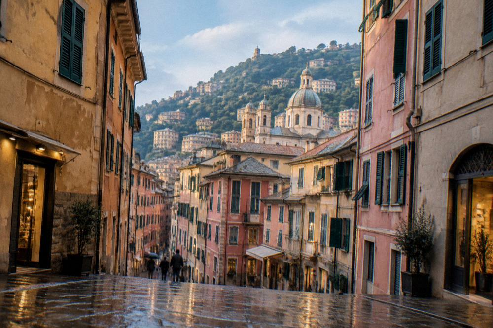 Rain-wet stone street in the Genoa old town reflecting shop lights