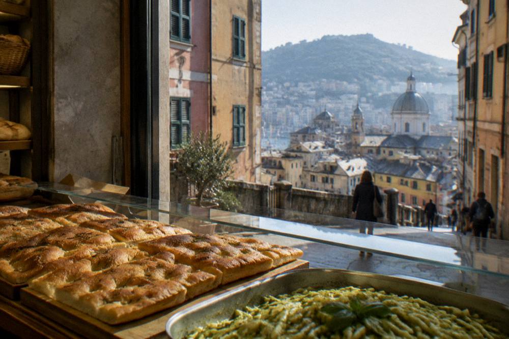 Freshly baked focaccia and pesto pasta on a counter in a Genoa bakery