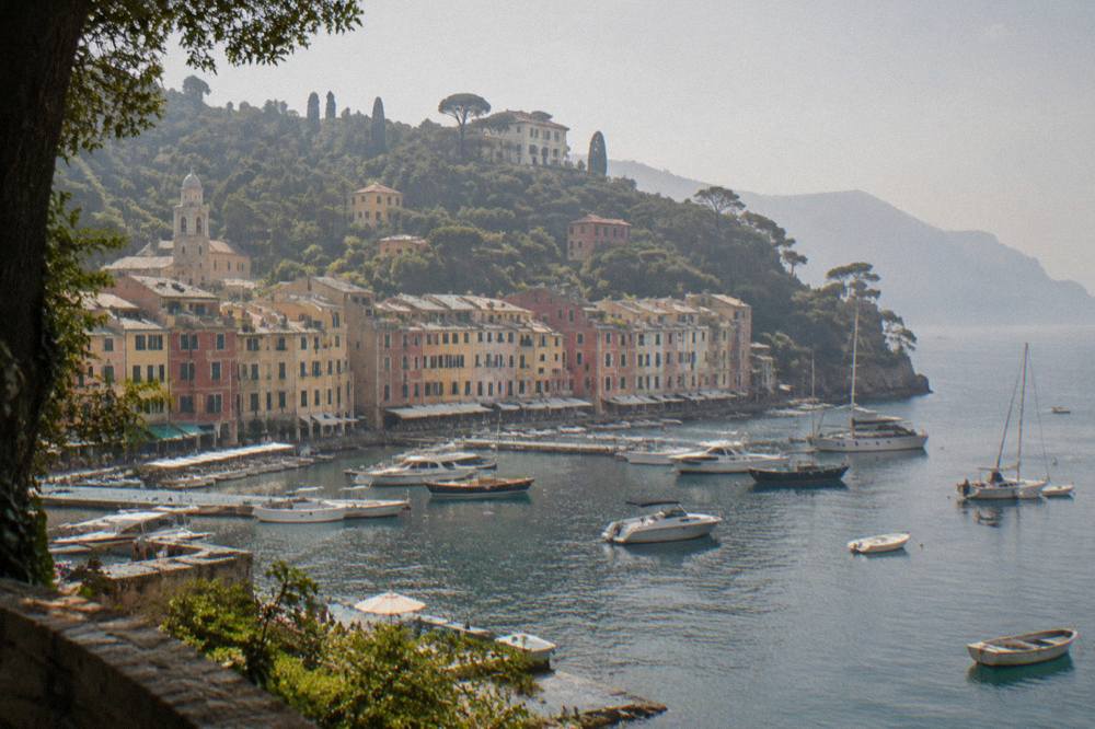 A wide view of a rocky coastline with wooded hills meeting the sea